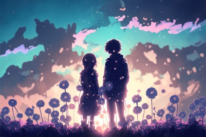 beautiful scenery of the young couple standing in glowing flowers meadow and looking at sunset sky , digital art style, illustration painting, fantasy concept of a young couple in meadow